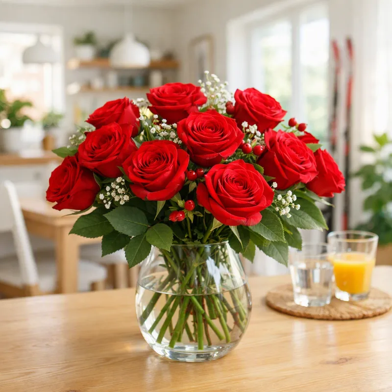 Roses rouges arrangées dans un environnement domestique